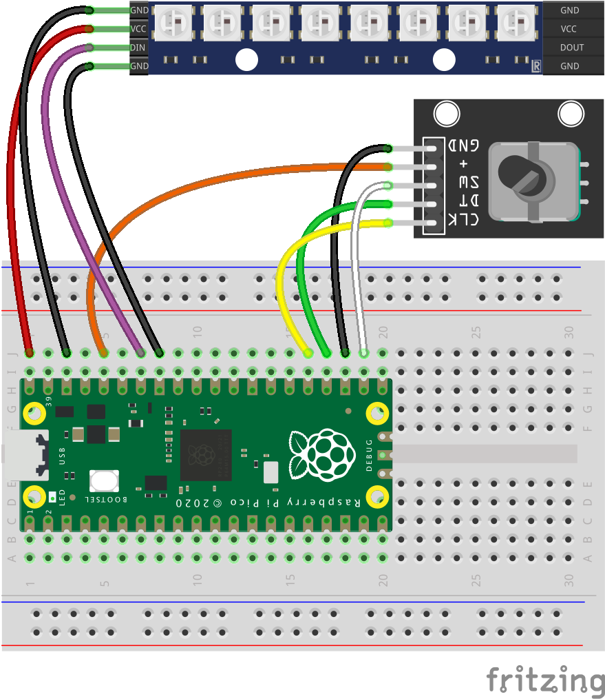 Raspberry Pi Pico: WS2812-Lauflicht-Geschwindigkeit mit Rotary Encoder  einstellen (KY-040)